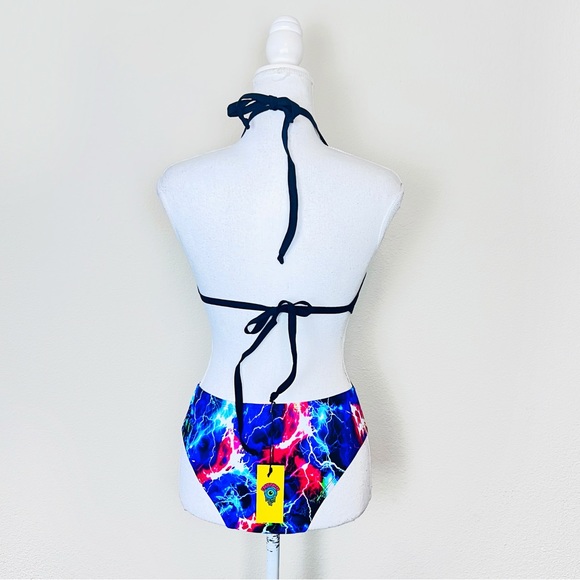 CrazedWear Sol Rainbow Electric Lightning Mesh Plunge Neck O-Ring Rave Bodysuit - Picture 5 of 10